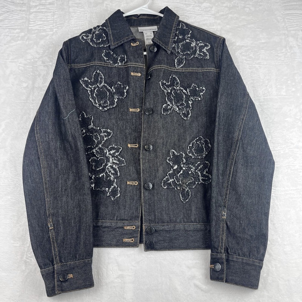 Jones New York Sport Women's Denim Jacket Floral Embroidered Dark Wash Small